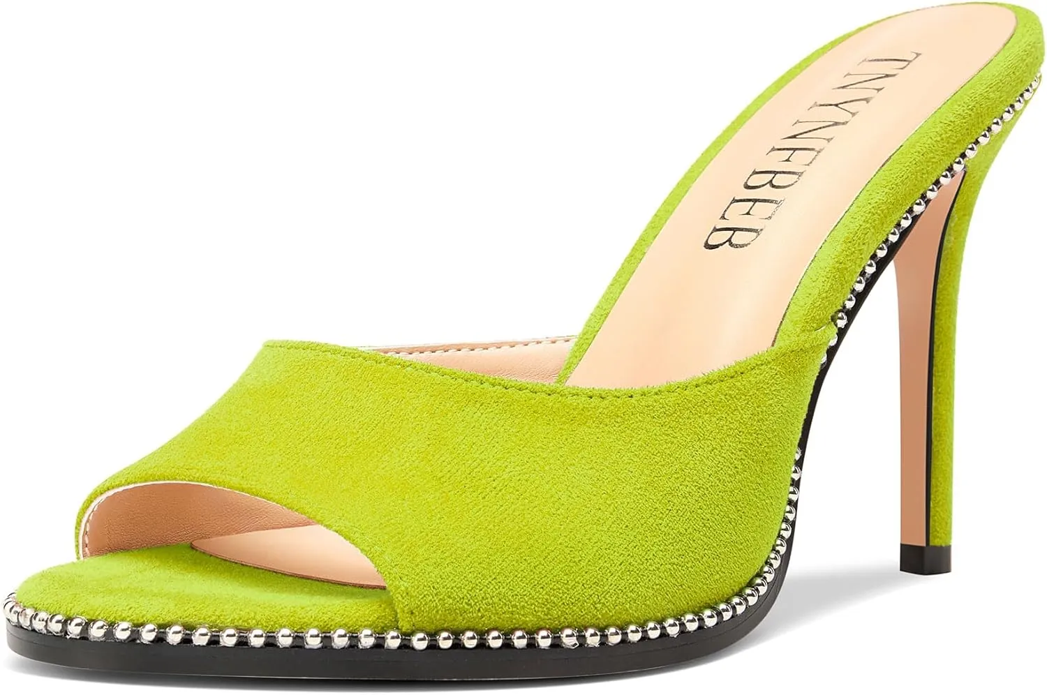 TNYNFBEB Womens Stiletto High Heel Peep Open Toe Sandals Mules Shoes Slingback Slip-on Sliver Beaded Prom Dress 3.9 Inches Heels