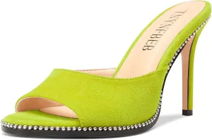 TNYNFBEB Womens Stiletto High Heel Peep Open Toe Sandals Mules Shoes Slingback Slip-on Sliver Beaded Prom Dress 3.9 Inches Heels