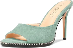 TNYNFBEB Womens Stiletto High Heel Peep Open Toe Sandals Mules Shoes Slingback Slip-on Sliver Beaded Prom Dress 3.9 Inches Heels