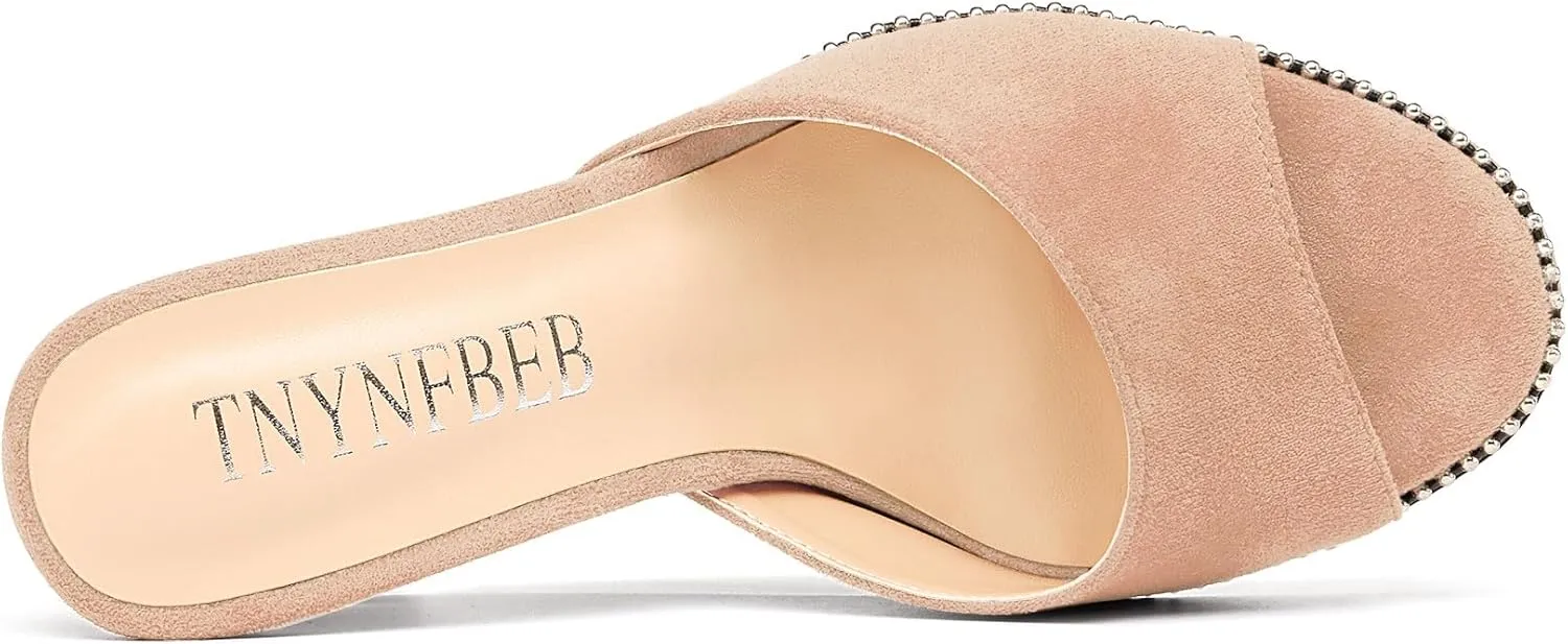 TNYNFBEB Womens Stiletto High Heel Peep Open Toe Sandals Mules Shoes Slingback Slip-on Sliver Beaded Prom Dress 3.9 Inches Heels