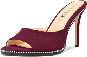 TNYNFBEB Womens Stiletto High Heel Peep Open Toe Sandals Mules Shoes Slingback Slip-on Sliver Beaded Prom Dress 3.9 Inches Heels