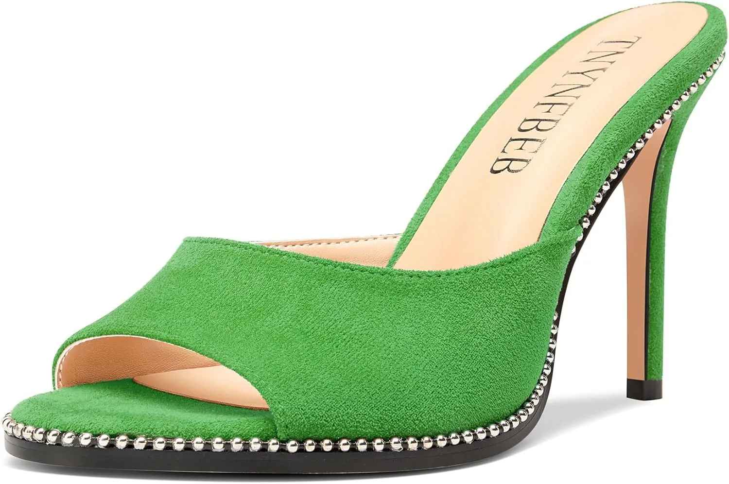 TNYNFBEB Womens Stiletto High Heel Peep Open Toe Sandals Mules Shoes Slingback Slip-on Sliver Beaded Prom Dress 3.9 Inches Heels