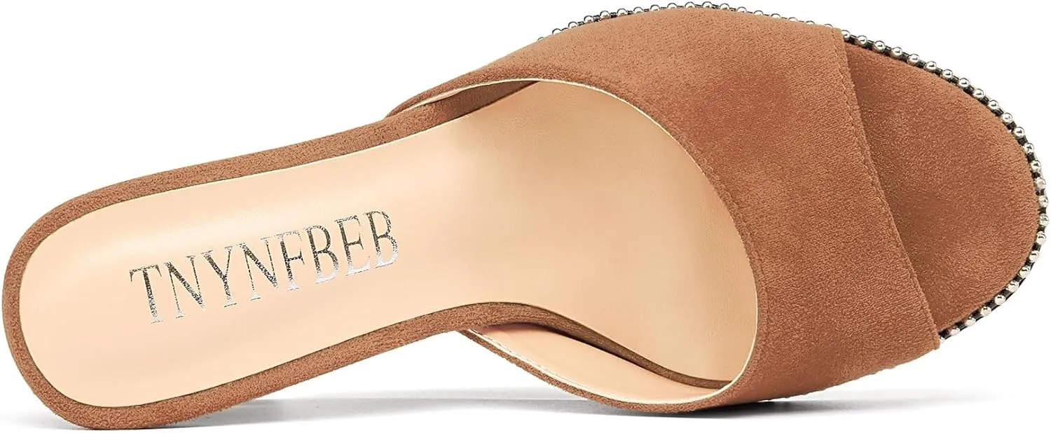 TNYNFBEB Womens Stiletto High Heel Peep Open Toe Sandals Mules Shoes Slingback Slip-on Sliver Beaded Prom Dress 3.9 Inches Heels