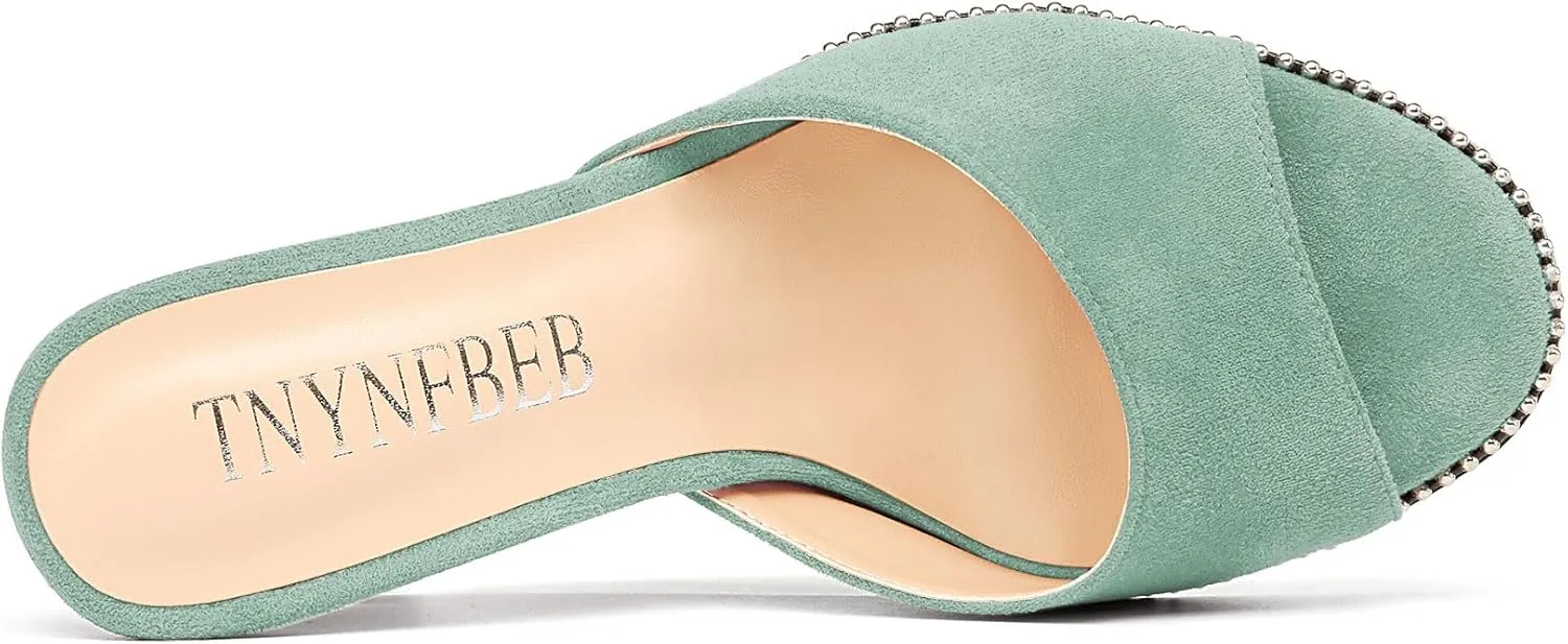 TNYNFBEB Womens Stiletto High Heel Peep Open Toe Sandals Mules Shoes Slingback Slip-on Sliver Beaded Prom Dress 3.9 Inches Heels