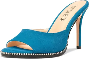 TNYNFBEB Womens Stiletto High Heel Peep Open Toe Sandals Mules Shoes Slingback Slip-on Sliver Beaded Prom Dress 3.9 Inches Heels