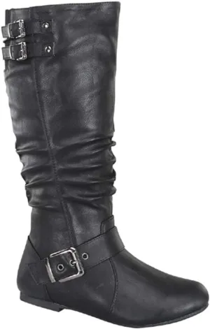 TOP Moda Night-76 Women's Mid Calf Round Toe Buckle Slouched Flat Boots
