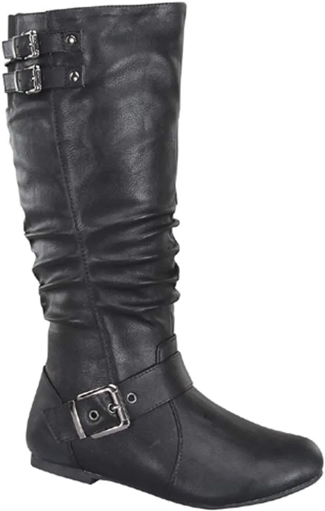 TOP Moda Night-76 Women's Mid Calf Round Toe Buckle Slouched Flat Boots