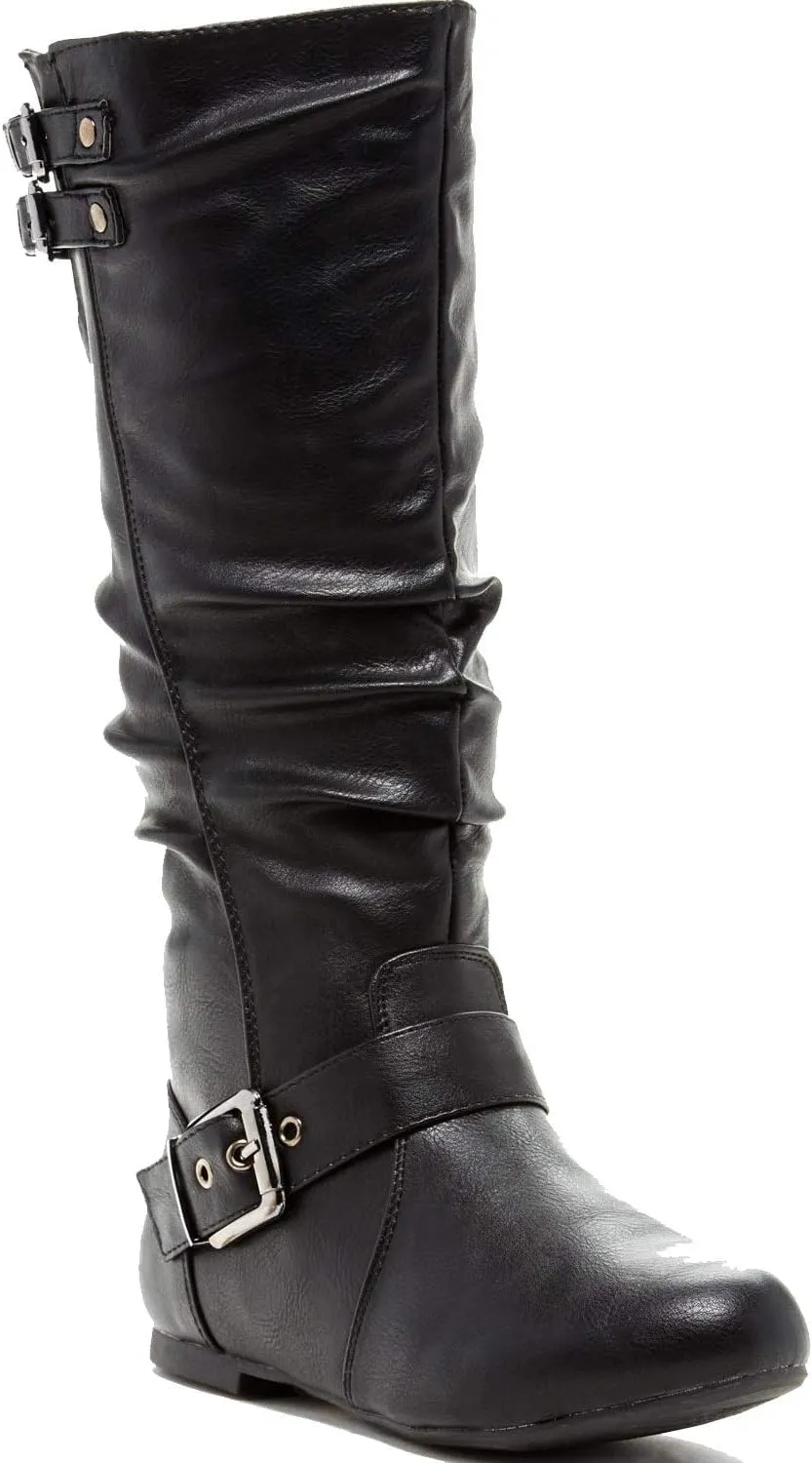 TOP Moda Night-76 Women's Mid Calf Round Toe Buckle Slouched Flat Boots