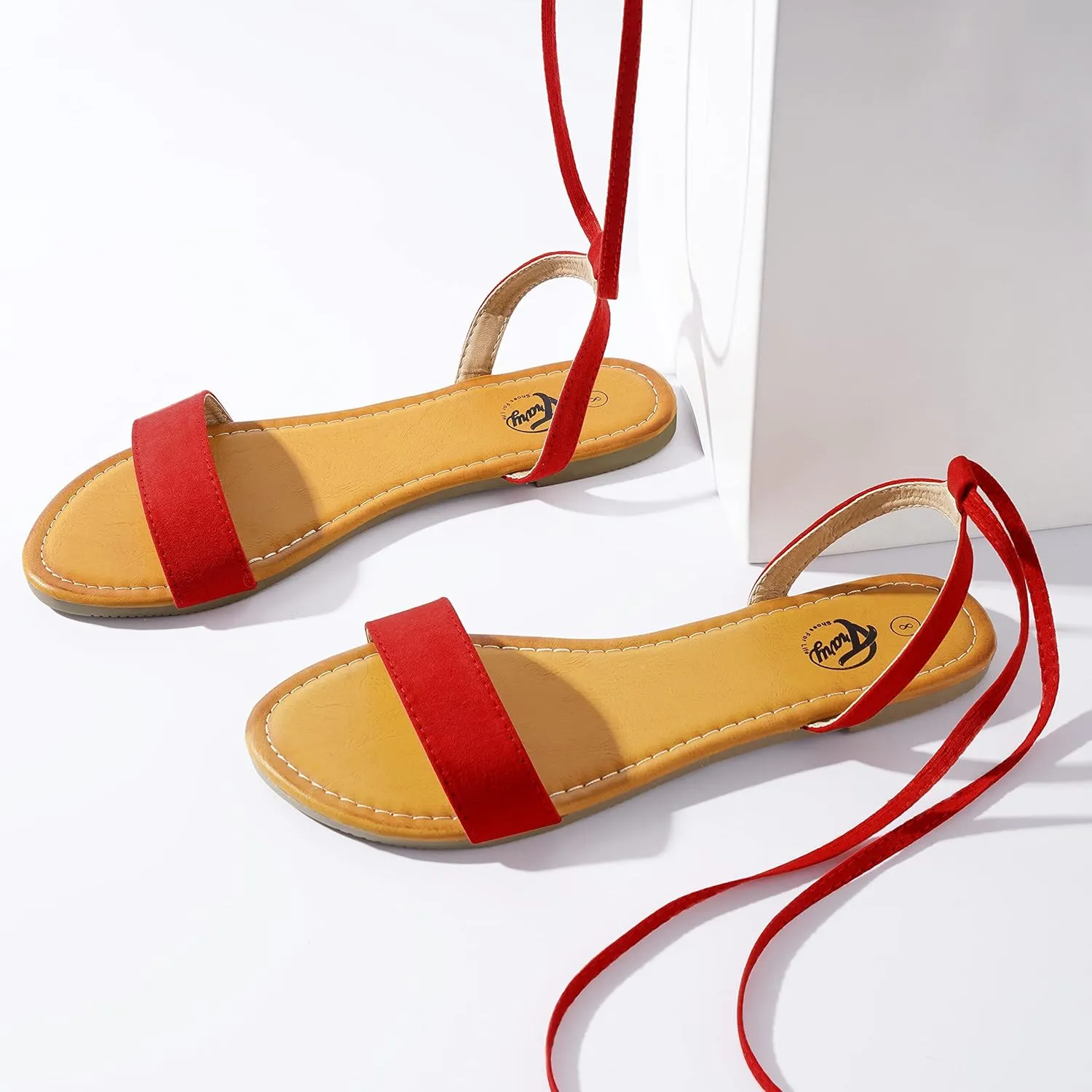 Trary Women's Lace Up Open Toe Strappy Sandals, Ankle Wrap Flat Dressy Tie Up Summer Footwear