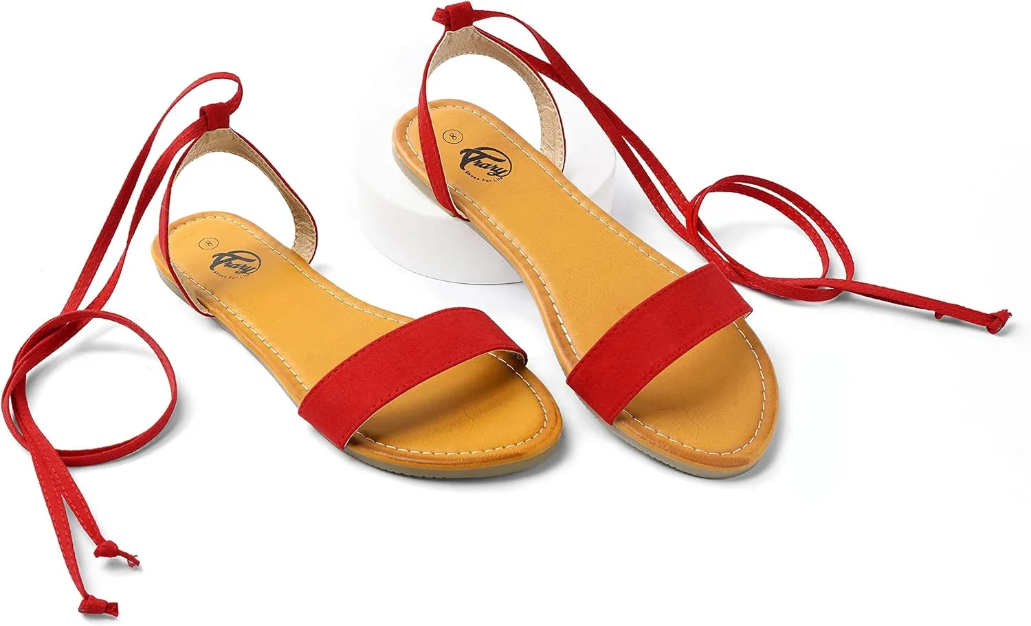 Trary Women's Lace Up Open Toe Strappy Sandals, Ankle Wrap Flat Dressy Tie Up Summer Footwear