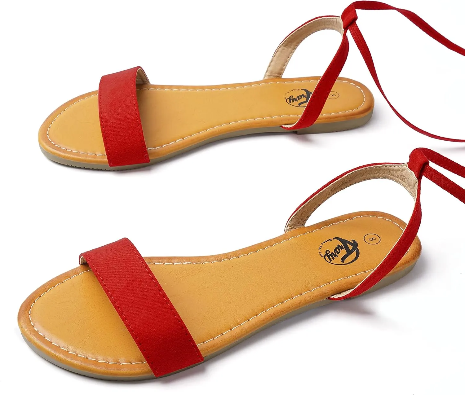 Trary Women's Lace Up Open Toe Strappy Sandals, Ankle Wrap Flat Dressy Tie Up Summer Footwear