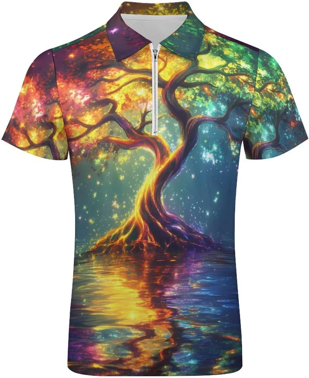 Tree And Life Colorful Glowing Short Sleeve Polo Shirt Slim Fit Tops Casual Workout Golf T Shirt Zippered Tees for Men
