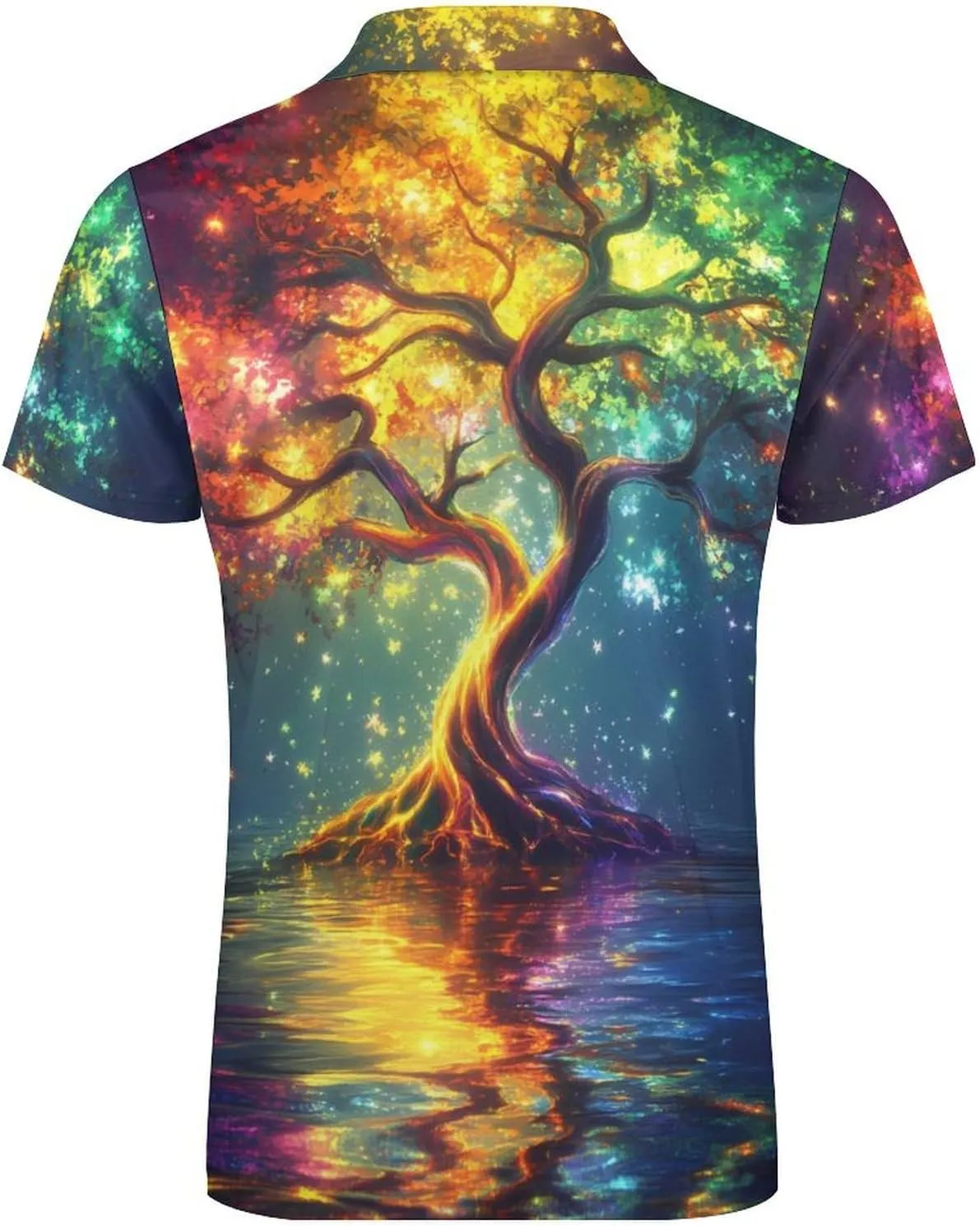 Tree And Life Colorful Glowing Short Sleeve Polo Shirt Slim Fit Tops Casual Workout Golf T Shirt Zippered Tees for Men