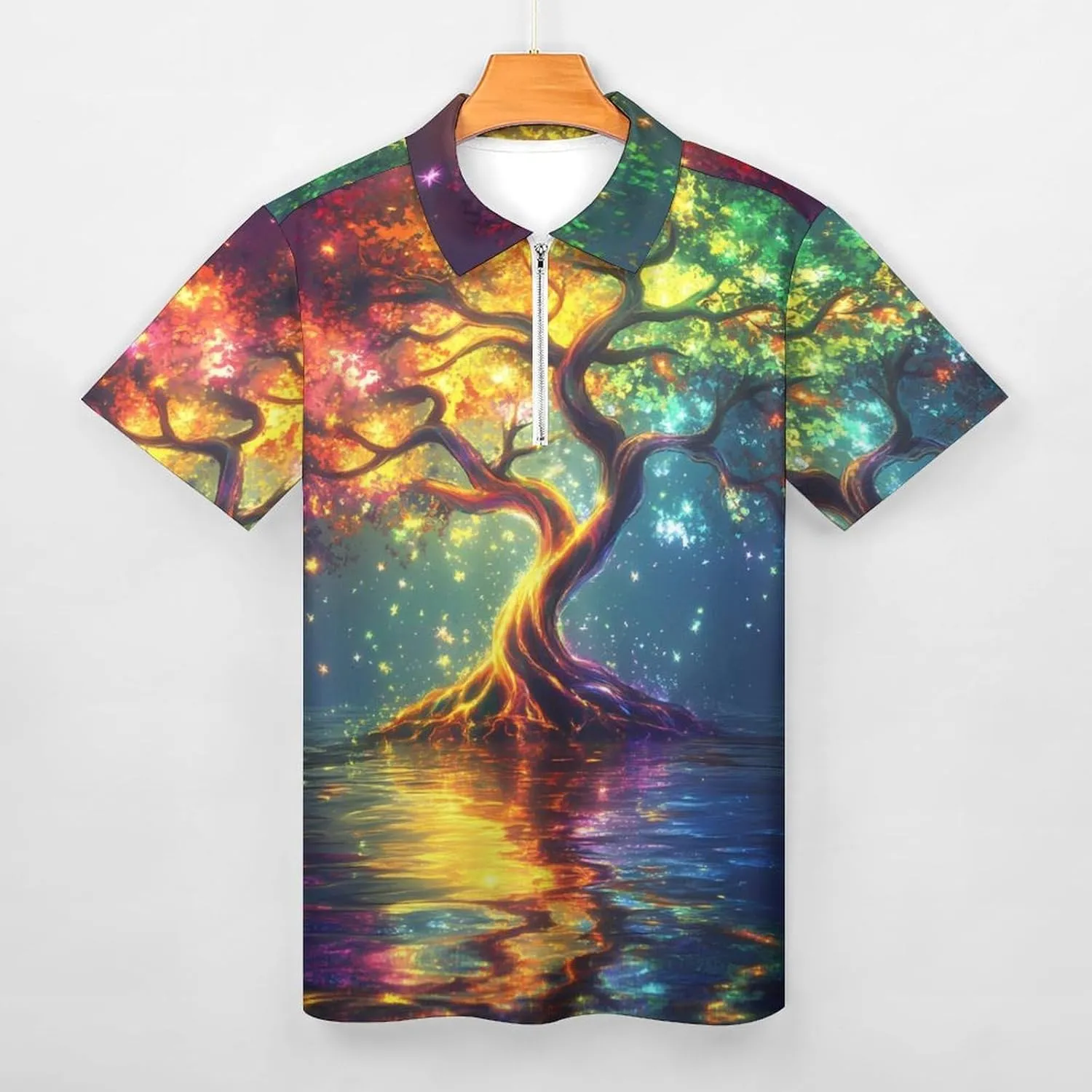 Tree And Life Colorful Glowing Short Sleeve Polo Shirt Slim Fit Tops Casual Workout Golf T Shirt Zippered Tees for Men