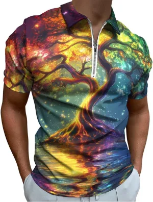 Tree And Life Colorful Glowing Short Sleeve Polo Shirt Slim Fit Tops Casual Workout Golf T Shirt Zippered Tees for Men