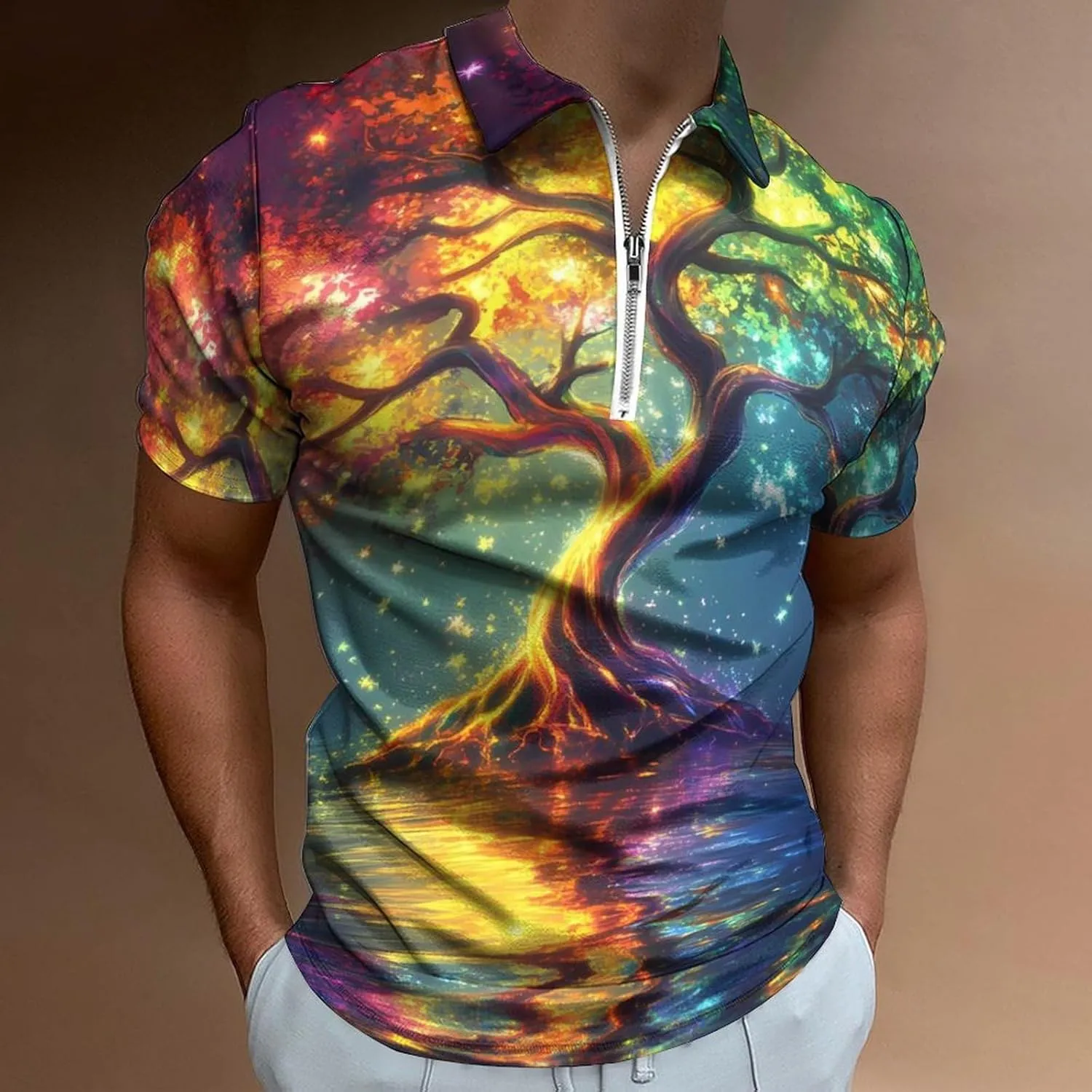 Tree And Life Colorful Glowing Short Sleeve Polo Shirt Slim Fit Tops Casual Workout Golf T Shirt Zippered Tees for Men