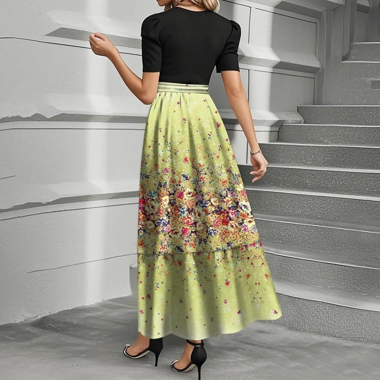 Trendy Dresses for Women 2025, Vacation High Waisted Summer Dresses Spring Flower Print Casual Sundress