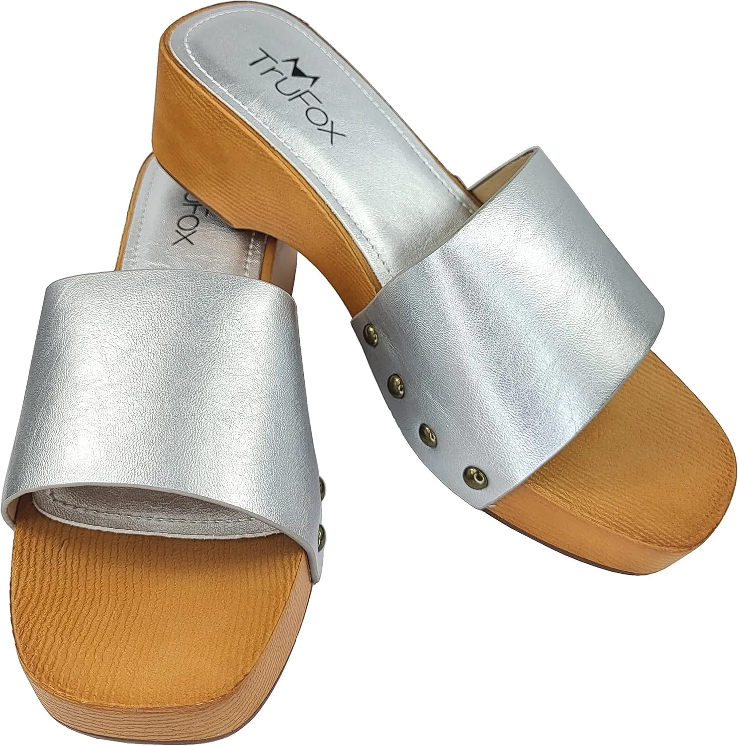 TruFox Classic Slide Sandals Low Heel Lightweight Faux Wood