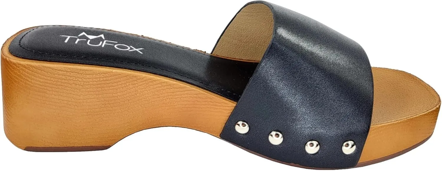 TruFox Classic Slide Sandals Low Heel Lightweight Faux Wood