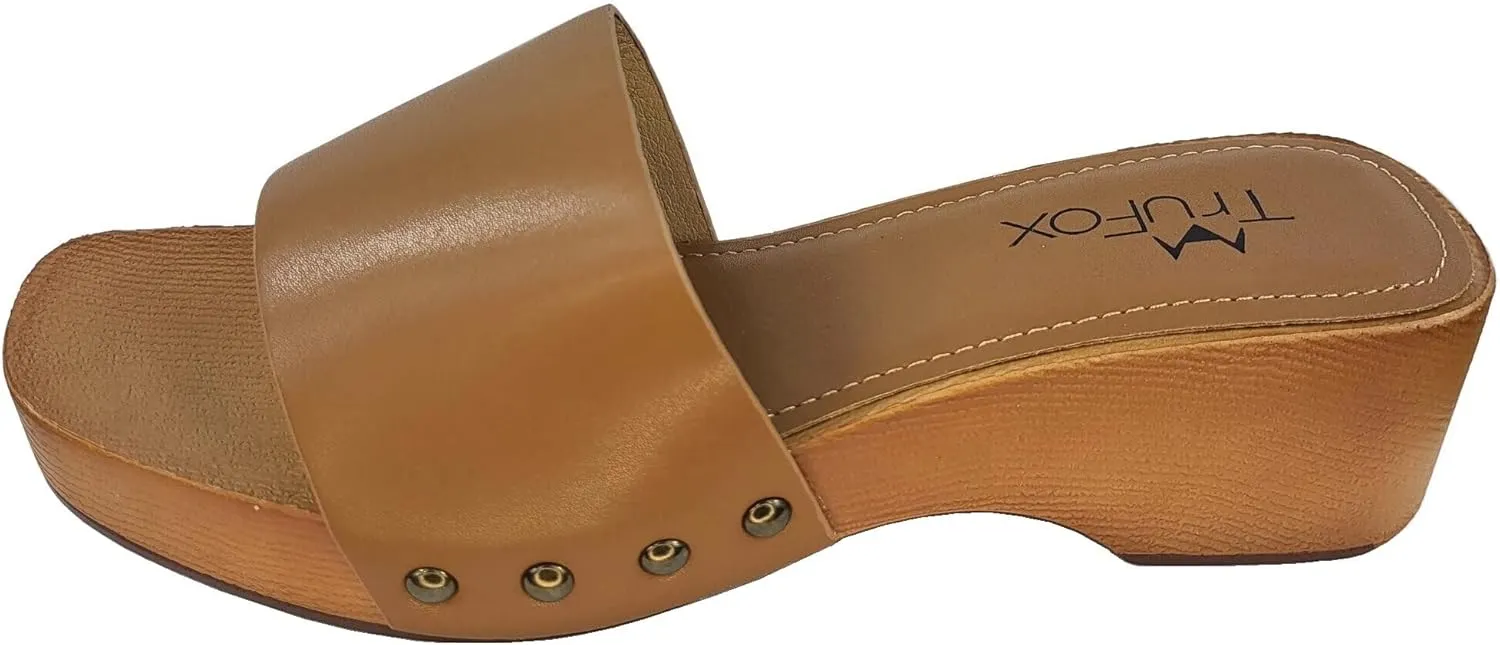 TruFox Classic Slide Sandals Low Heel Lightweight Faux Wood