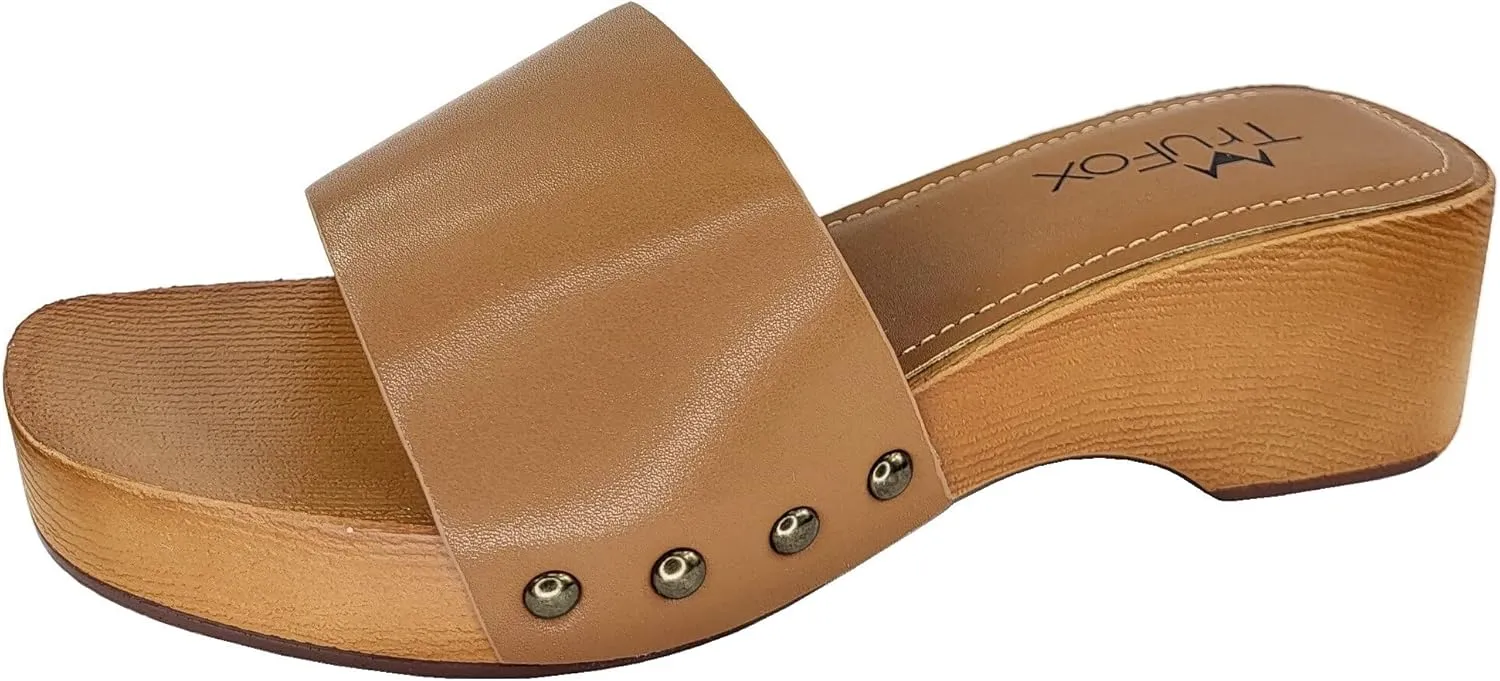 TruFox Classic Slide Sandals Low Heel Lightweight Faux Wood