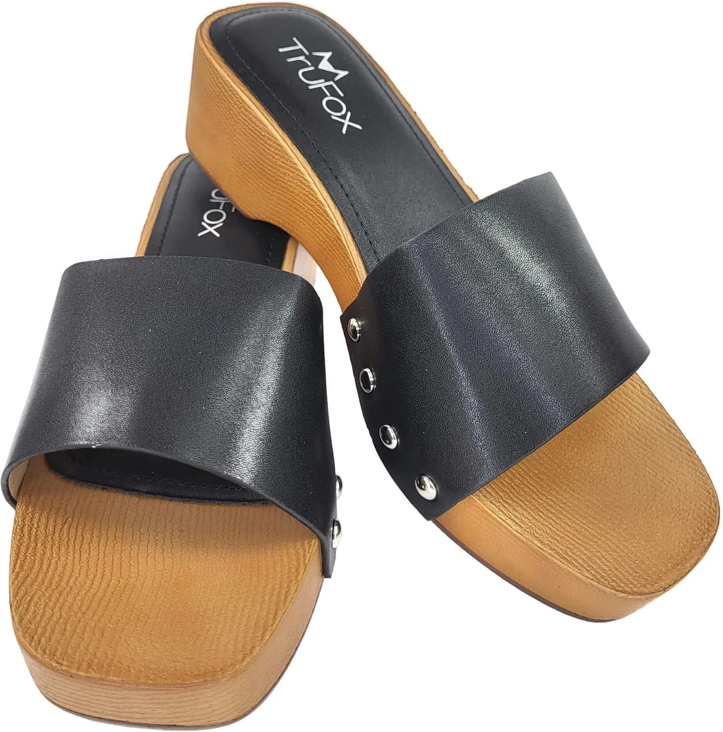 TruFox Classic Slide Sandals Low Heel Lightweight Faux Wood