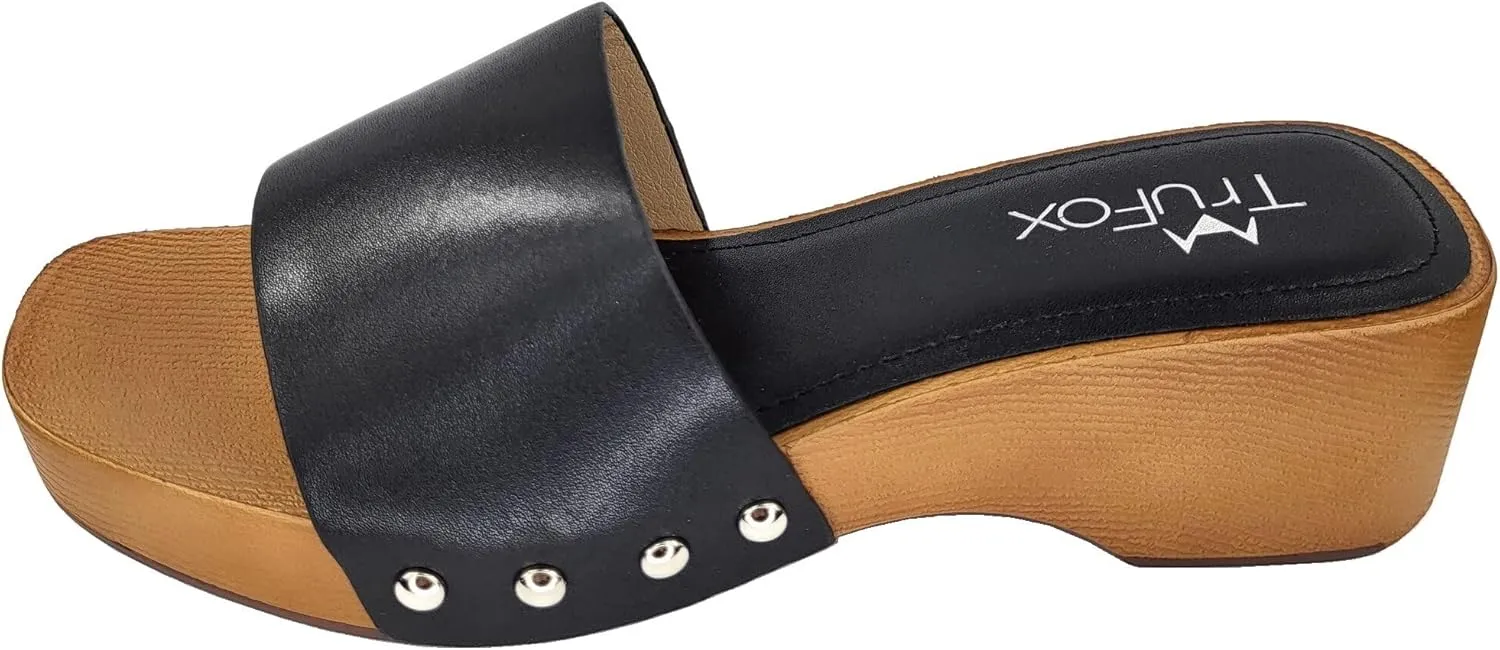 TruFox Classic Slide Sandals Low Heel Lightweight Faux Wood
