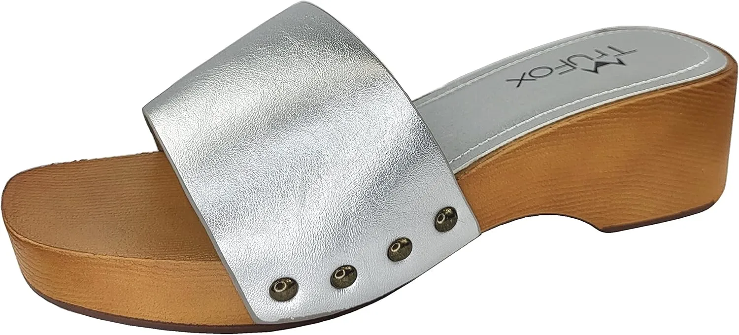 TruFox Classic Slide Sandals Low Heel Lightweight Faux Wood