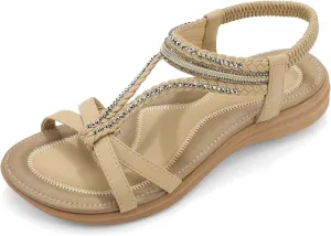 UBFEN Womens Bohemian Flat Sandals With Back Strap Summer Beach Comfortable Bling