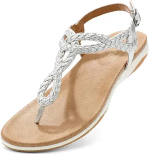 UBFEN Womens Flat Sandals Dress Braided T-Strap Thong Sandals with Arch Support Comfortable for Walking