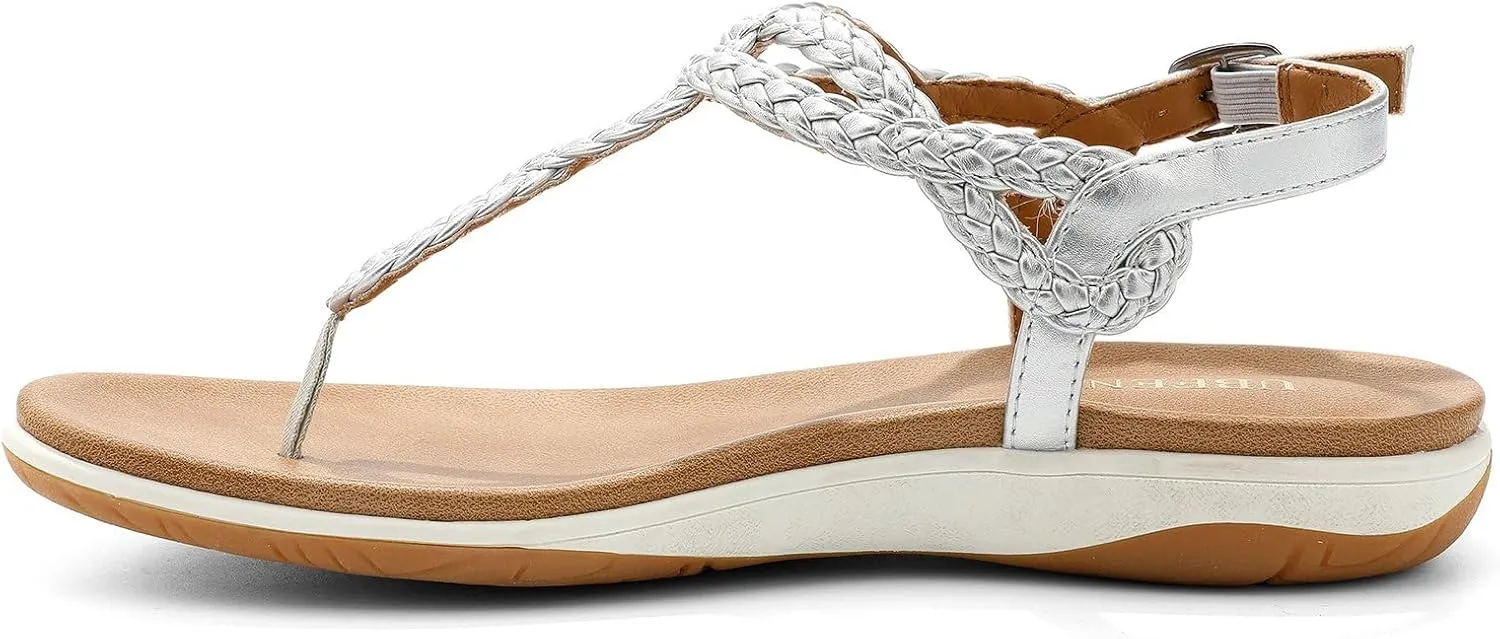 UBFEN Womens Flat Sandals Dress Braided T-Strap Thong Sandals with Arch Support Comfortable for Walking