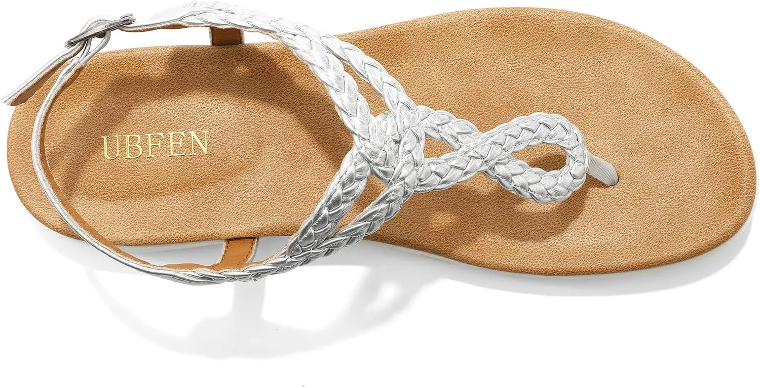 UBFEN Womens Flat Sandals Dress Braided T-Strap Thong Sandals with Arch Support Comfortable for Walking