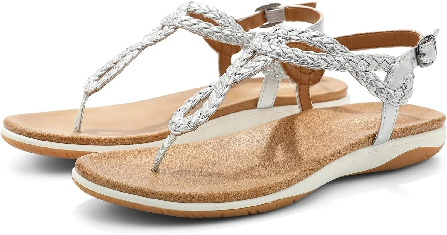 UBFEN Womens Flat Sandals Dress Braided T-Strap Thong Sandals with Arch Support Comfortable for Walking