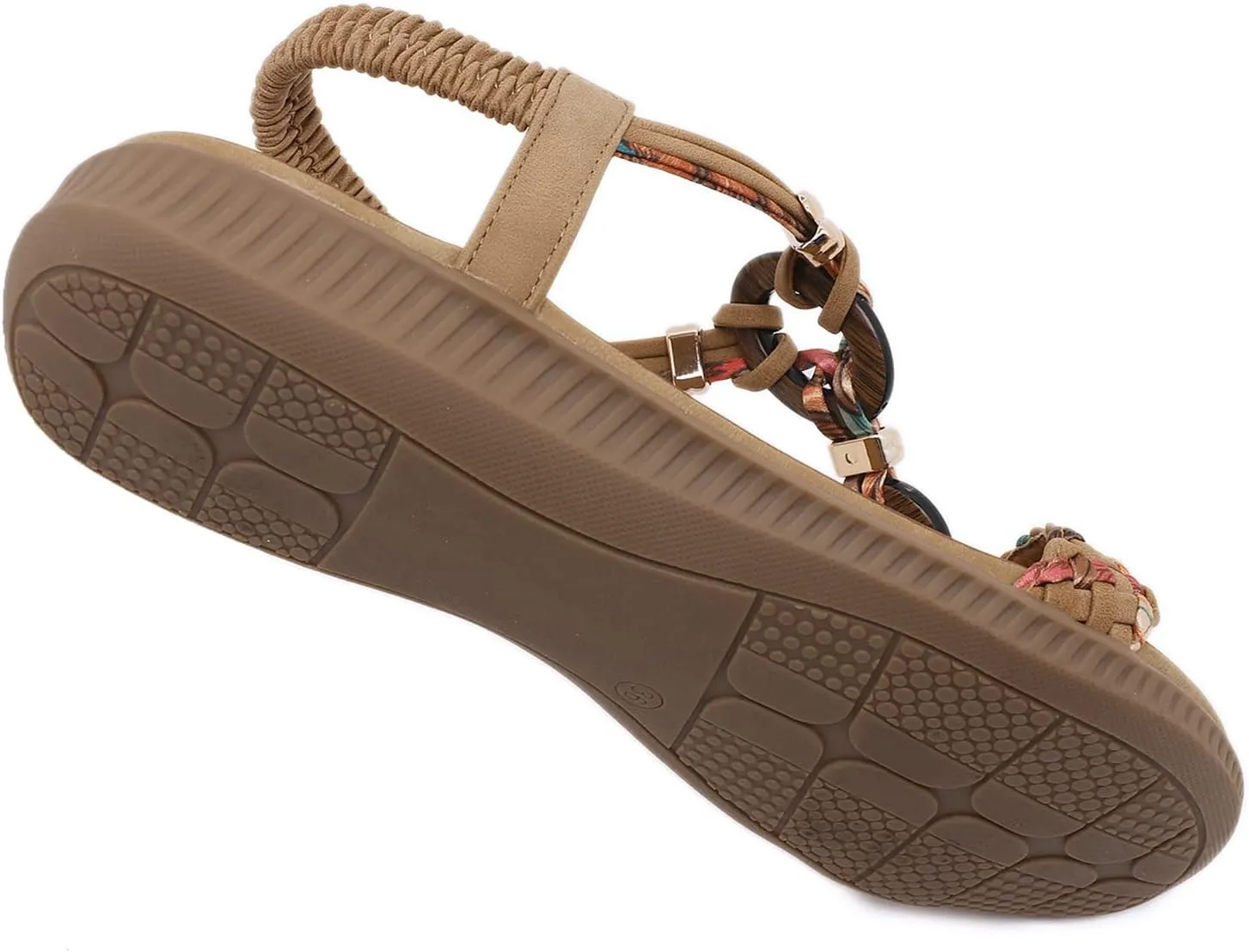 Unifizz Women's Summer Sandals Comfortable T-Strap Flower Beaded Classic Flat Elastic Sandals Dress Shoes for Outdoor Beach Wedding
