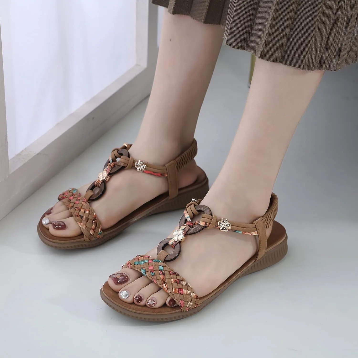 Unifizz Women's Summer Sandals Comfortable T-Strap Flower Beaded Classic Flat Elastic Sandals Dress Shoes for Outdoor Beach Wedding