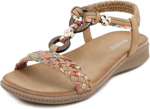 Unifizz Women's Summer Sandals Comfortable T-Strap Flower Beaded Classic Flat Elastic Sandals Dress Shoes for Outdoor Beach Wedding