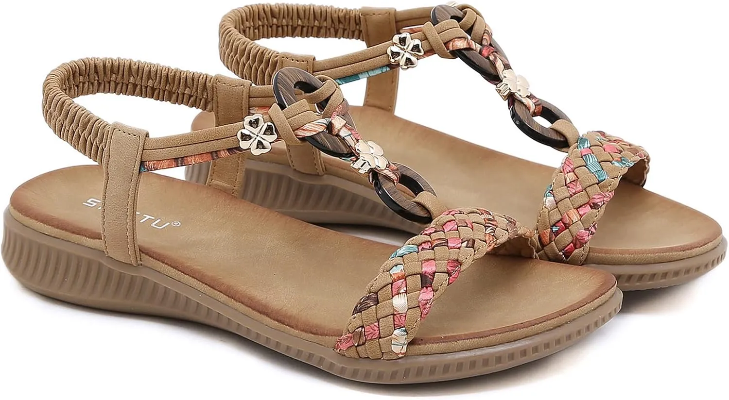 Unifizz Women's Summer Sandals Comfortable T-Strap Flower Beaded Classic Flat Elastic Sandals Dress Shoes for Outdoor Beach Wedding