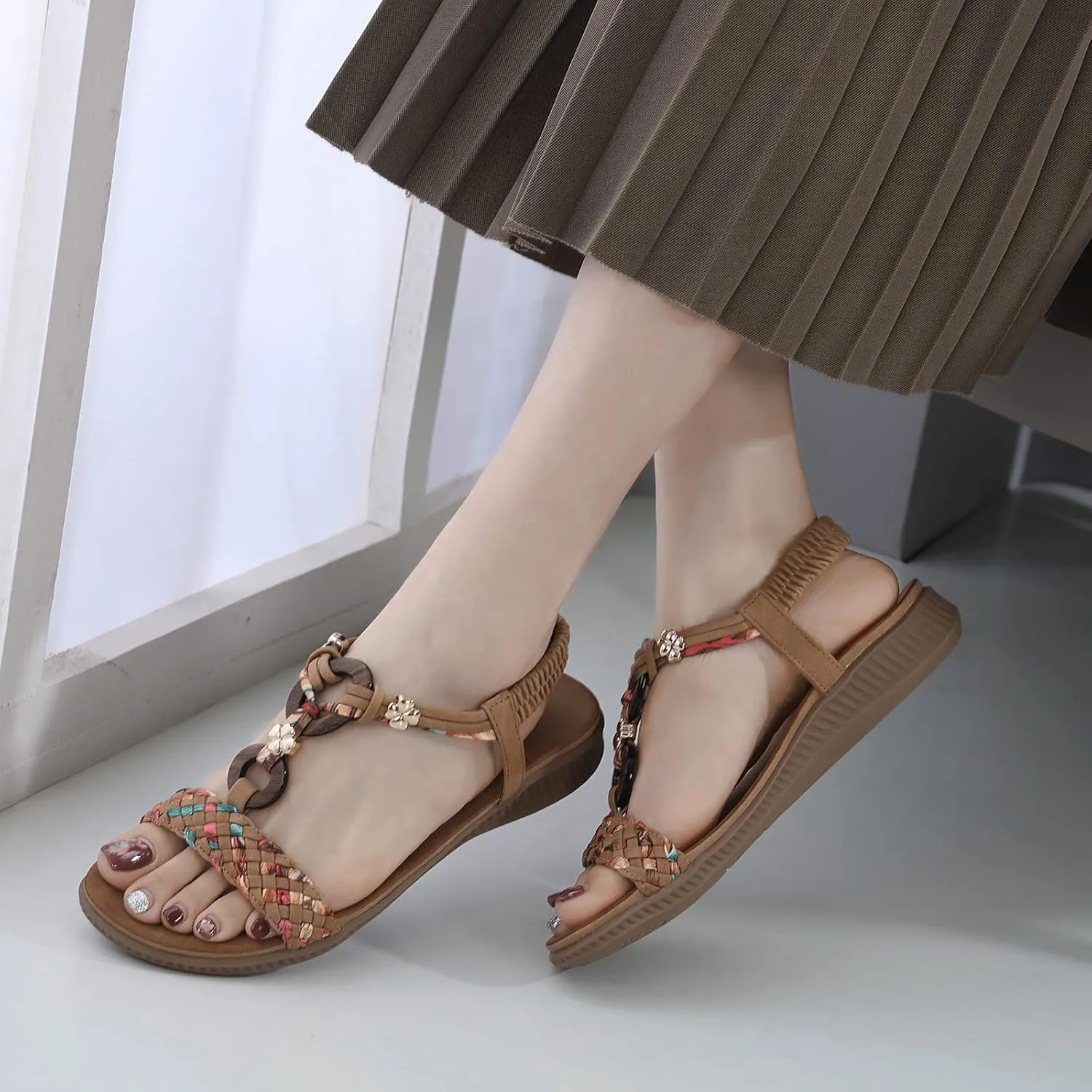 Unifizz Women's Summer Sandals Comfortable T-Strap Flower Beaded Classic Flat Elastic Sandals Dress Shoes for Outdoor Beach Wedding