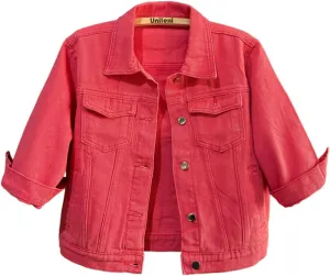Unilexi Women's 3/4 Sleeve Colored Cropped Denim Jacket Light Wash Short Jean Jacket Trucker Coat
