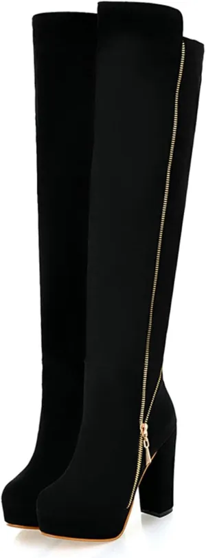 Uniquelly Womens Over The Knee Boots Chunky High Heel Platform Riding Boots Round Toe Side Zipper Long Boots Winter Dress Shoes