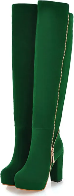 Uniquelly Womens Over The Knee Boots Chunky High Heel Platform Riding Boots Round Toe Side Zipper Long Boots Winter Dress Shoes