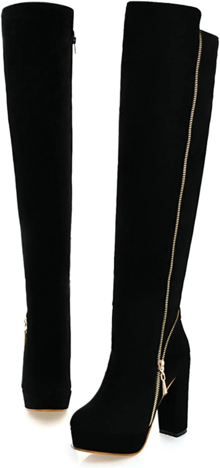 Uniquelly Womens Over The Knee Boots Chunky High Heel Platform Riding Boots Round Toe Side Zipper Long Boots Winter Dress Shoes