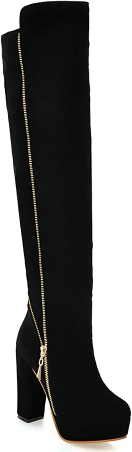 Uniquelly Womens Over The Knee Boots Chunky High Heel Platform Riding Boots Round Toe Side Zipper Long Boots Winter Dress Shoes