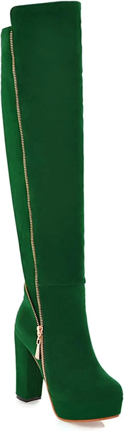 Uniquelly Womens Over The Knee Boots Chunky High Heel Platform Riding Boots Round Toe Side Zipper Long Boots Winter Dress Shoes