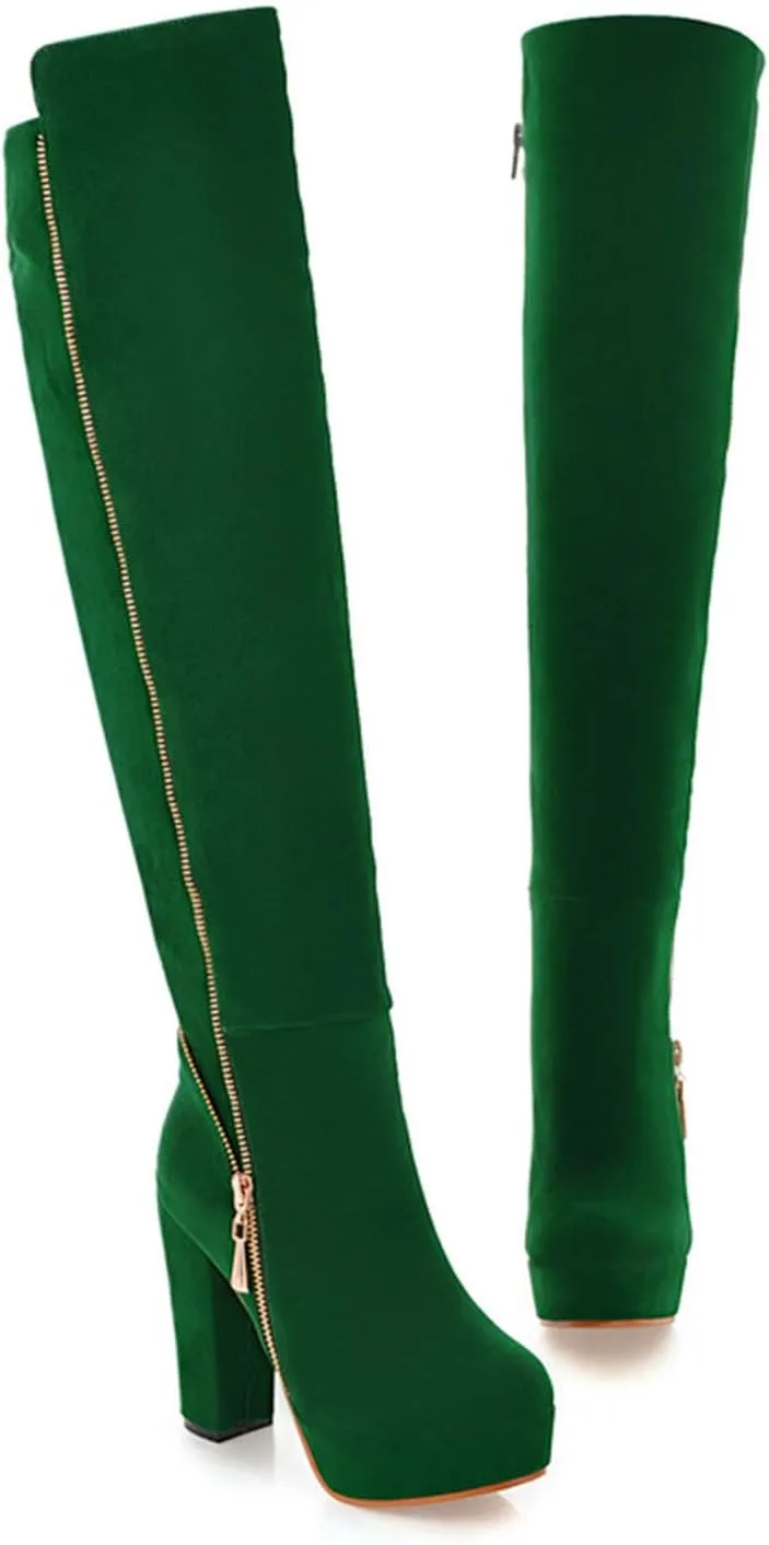 Uniquelly Womens Over The Knee Boots Chunky High Heel Platform Riding Boots Round Toe Side Zipper Long Boots Winter Dress Shoes