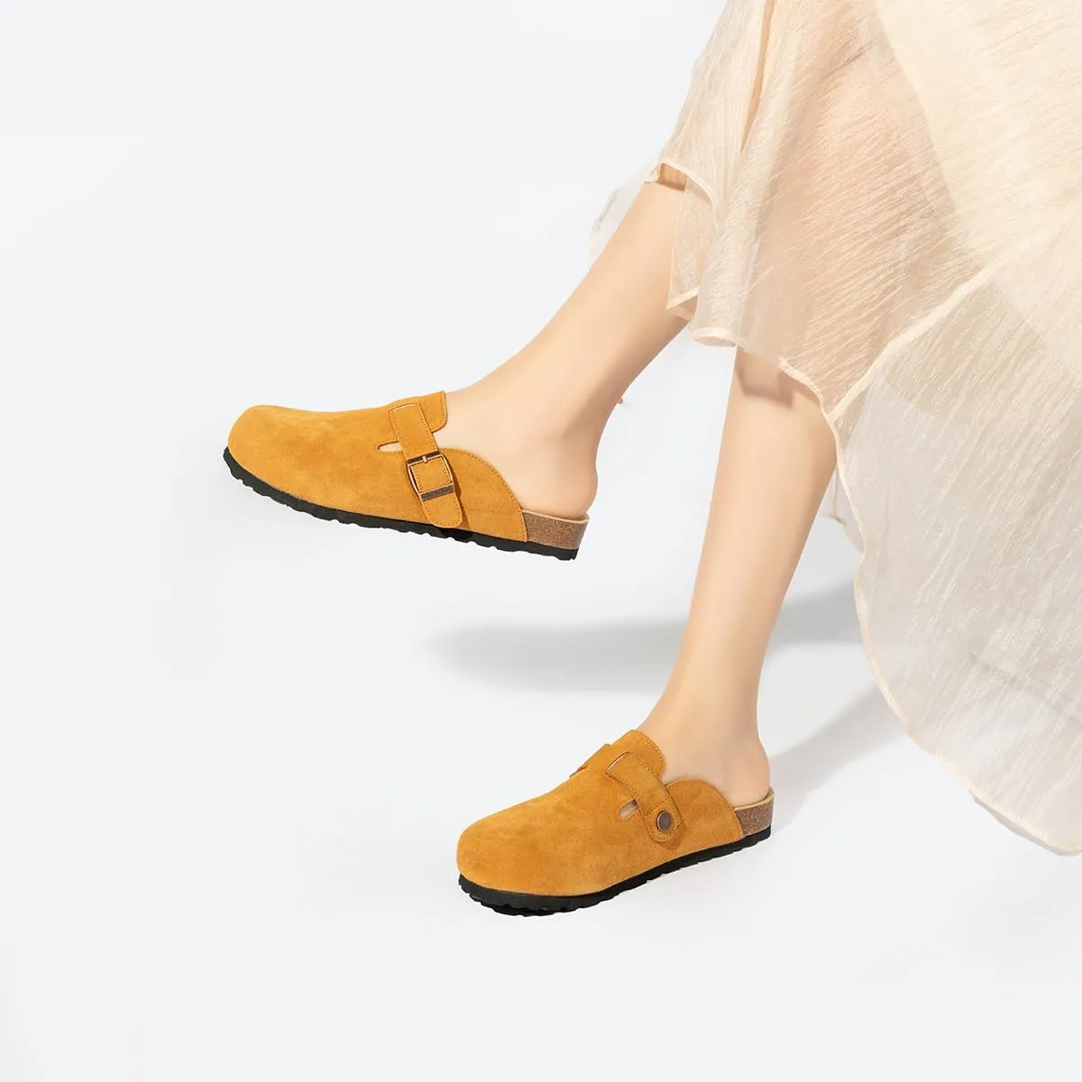 Unixsex Cork Suede Clogs and Mules,Leather Clog Women,Suede Clog Men,Soft Leather Sandal,House Slipper,Skin-Friendly Footbed,Adjustable Buckle,Arch Support