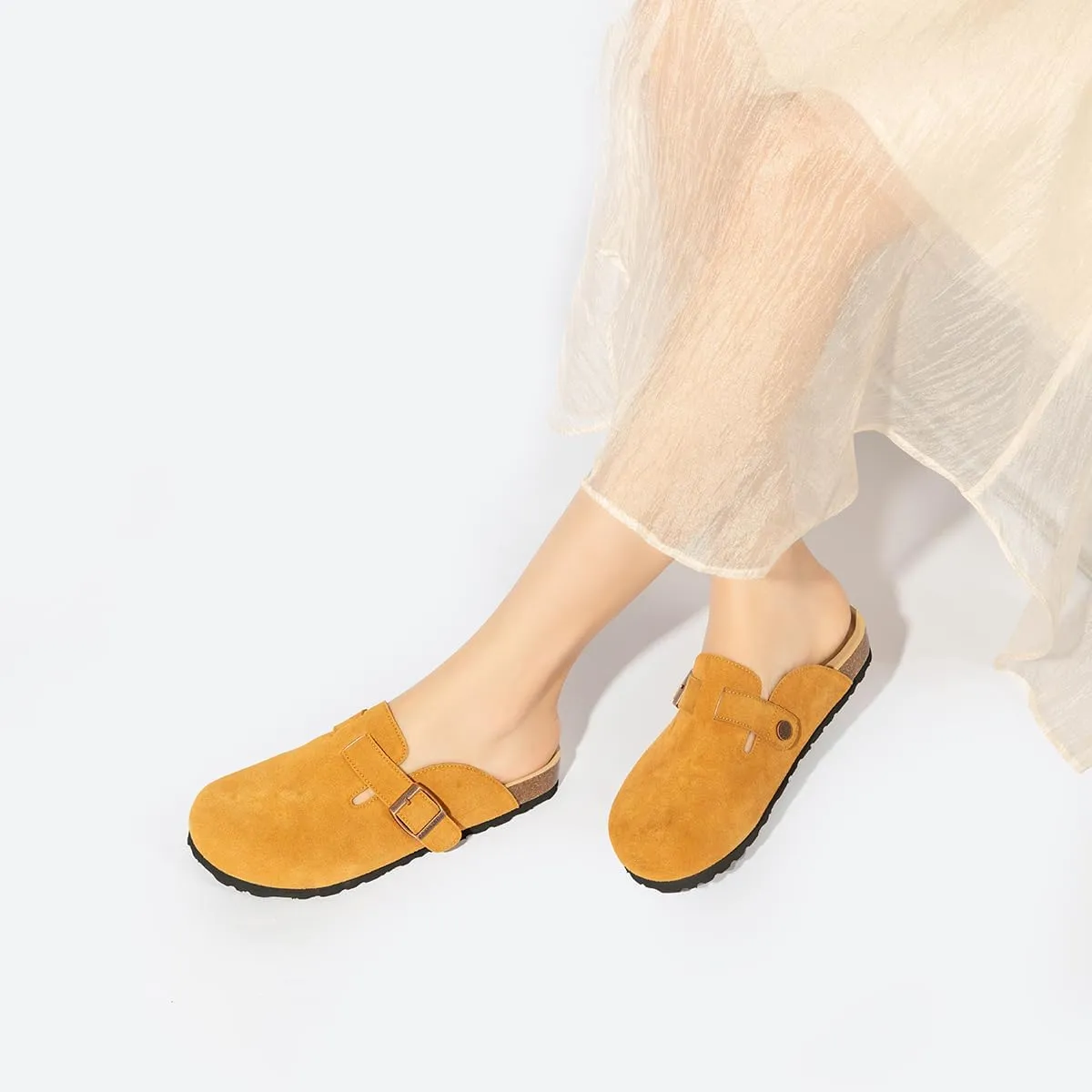 Unixsex Cork Suede Clogs and Mules,Leather Clog Women,Suede Clog Men,Soft Leather Sandal,House Slipper,Skin-Friendly Footbed,Adjustable Buckle,Arch Support