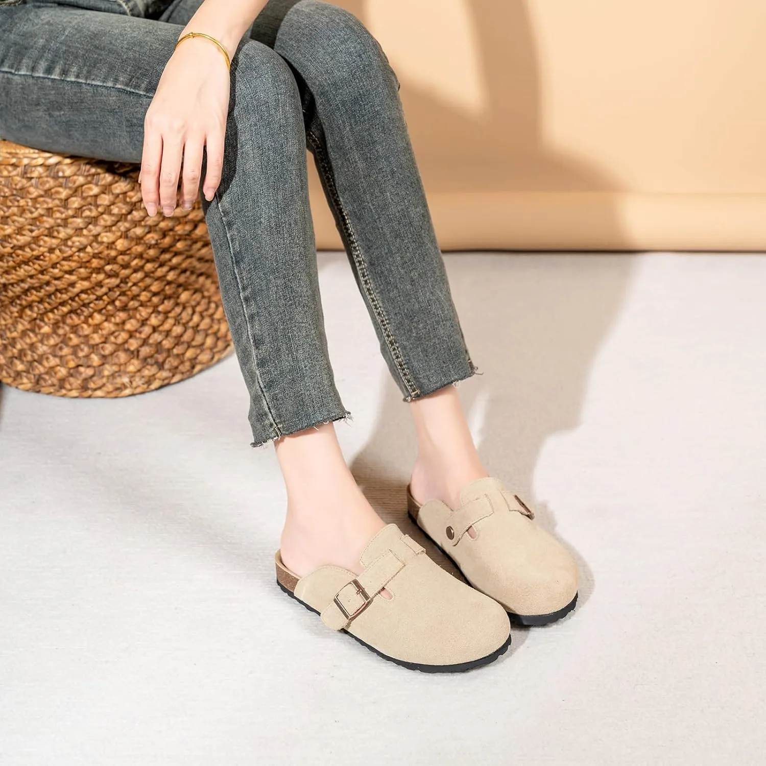 Unixsex Cork Suede Clogs and Mules,Leather Clog Women,Suede Clog Men,Soft Leather Sandal,House Slipper,Skin-Friendly Footbed,Adjustable Buckle,Arch Support