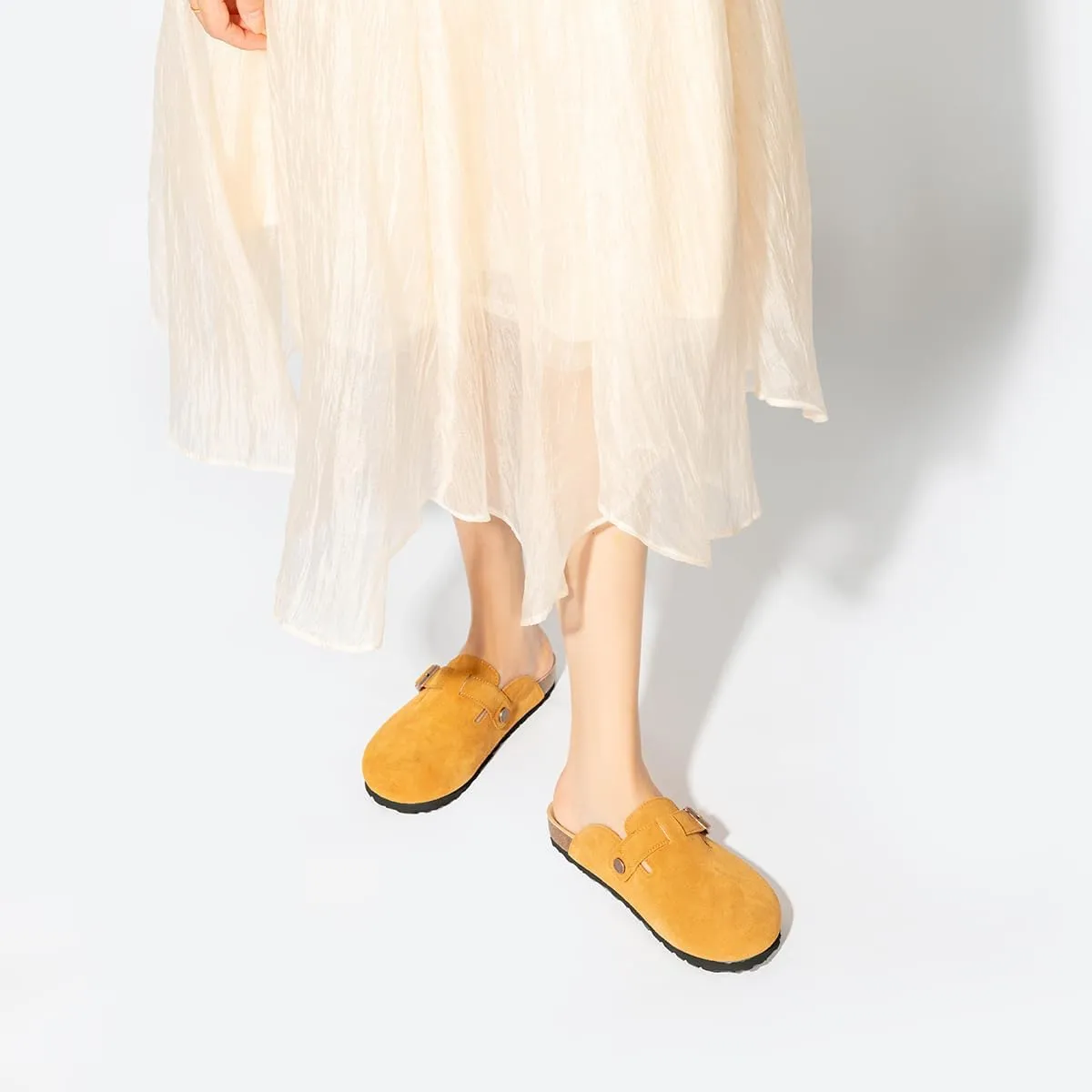 Unixsex Cork Suede Clogs and Mules,Leather Clog Women,Suede Clog Men,Soft Leather Sandal,House Slipper,Skin-Friendly Footbed,Adjustable Buckle,Arch Support