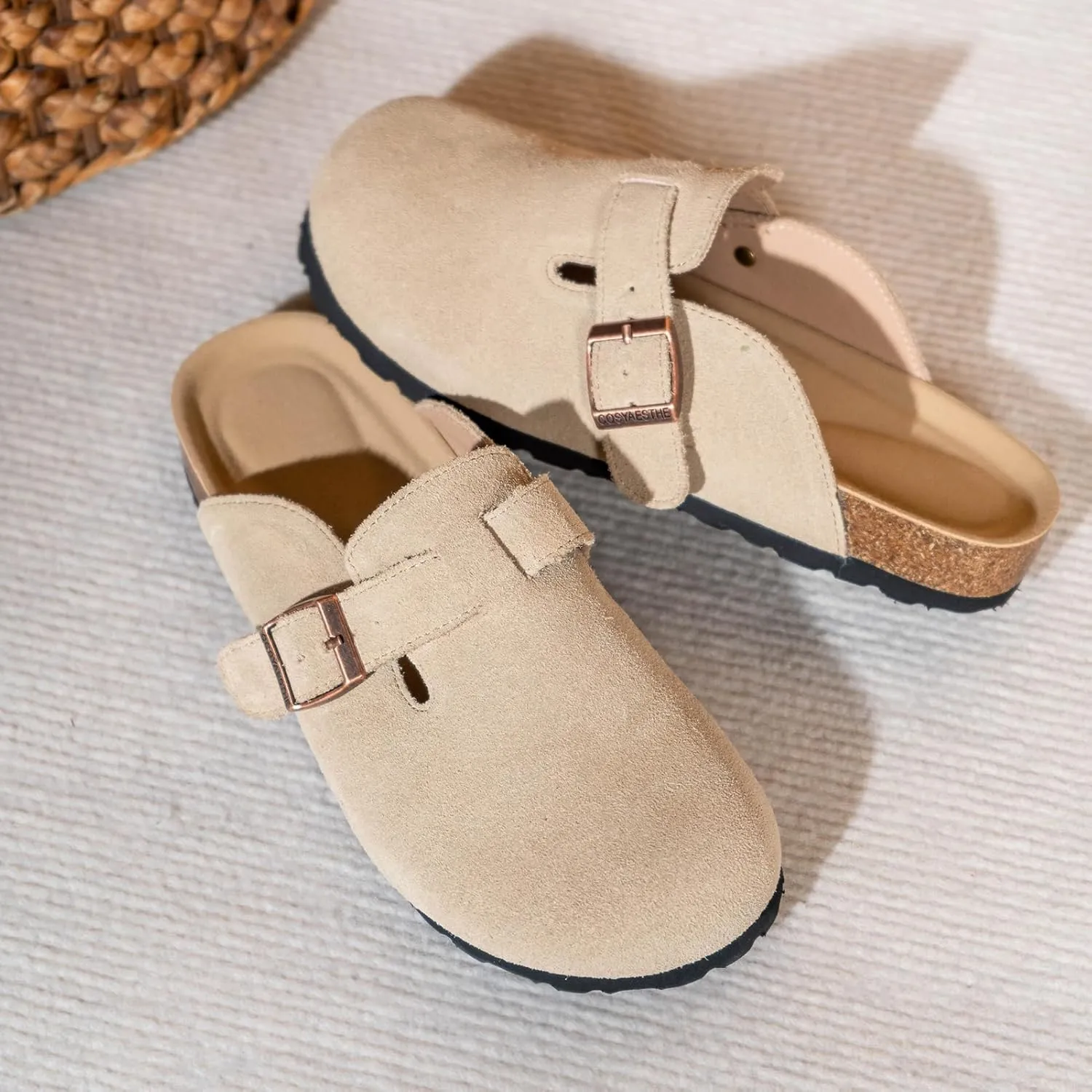 Unixsex Cork Suede Clogs and Mules,Leather Clog Women,Suede Clog Men,Soft Leather Sandal,House Slipper,Skin-Friendly Footbed,Adjustable Buckle,Arch Support